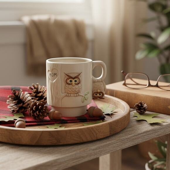 Vintage 1980s Enesco Owl Stacking Mug – 3D Ceramic Coffee Cup - Mom Tree Carving - Picture 3 of 13